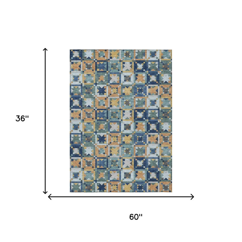 3' X 5' Teal Blue And Copper Patchwork Washable Indoor Outdoor Area Rug Homeroots Outdoor
