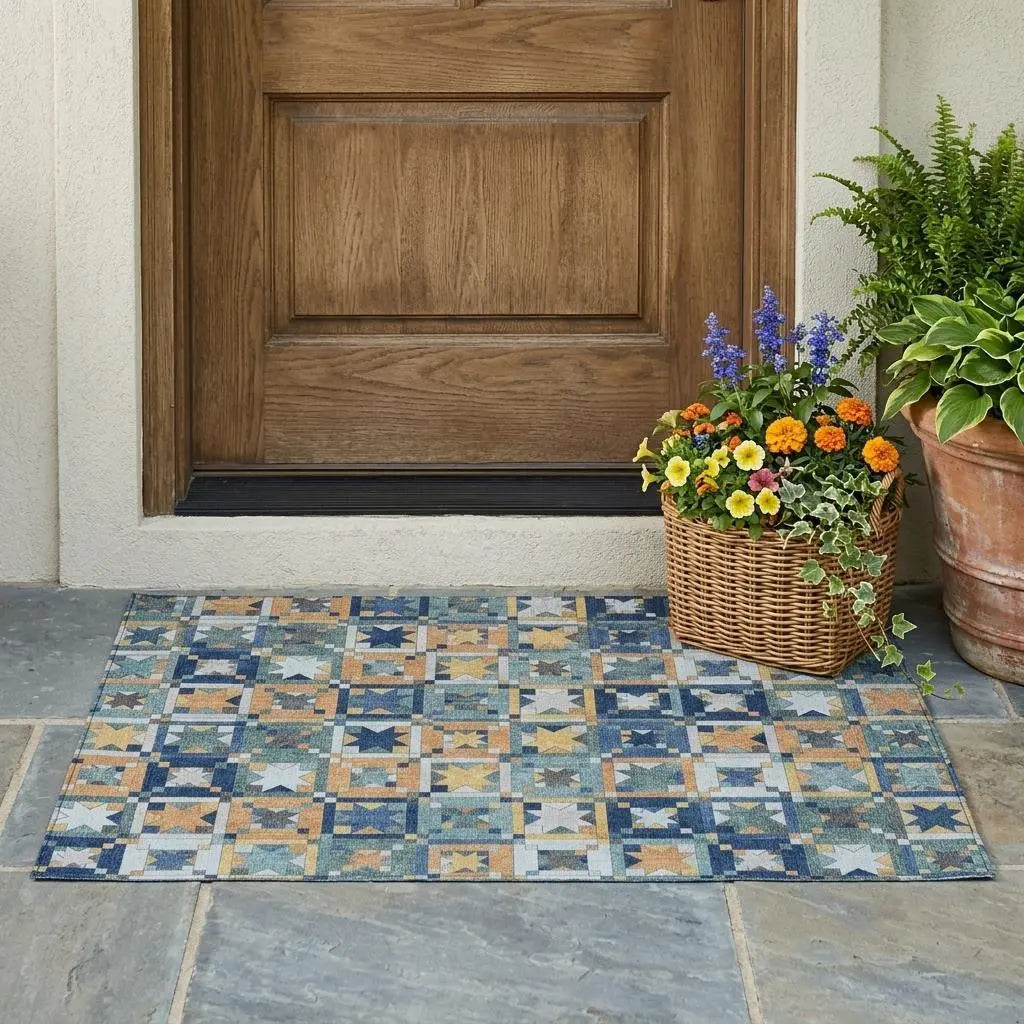 3' X 5' Teal Blue And Copper Patchwork Washable Indoor Outdoor Area Rug Homeroots Outdoor