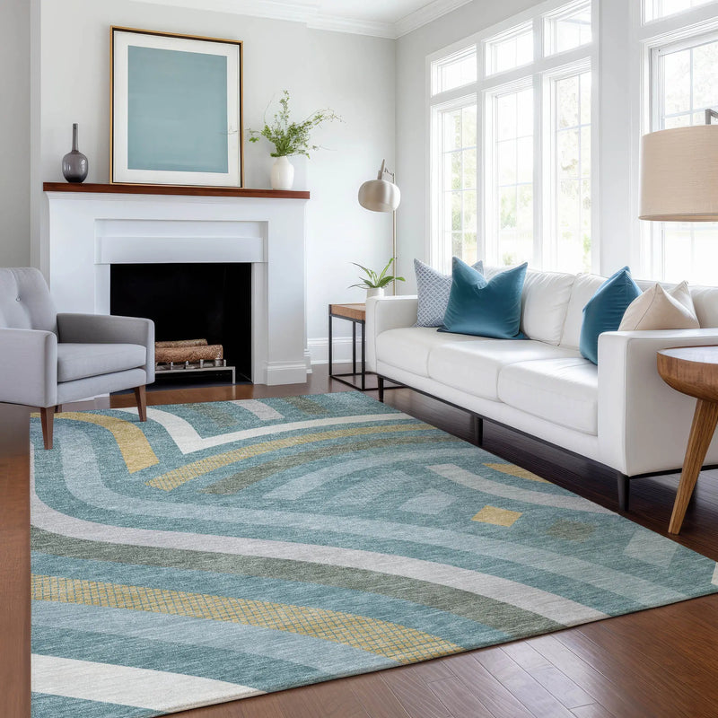 3' X 5' Teal Blue And Gold Abstract Washable Indoor Outdoor Area Rug Homeroots Outdoor