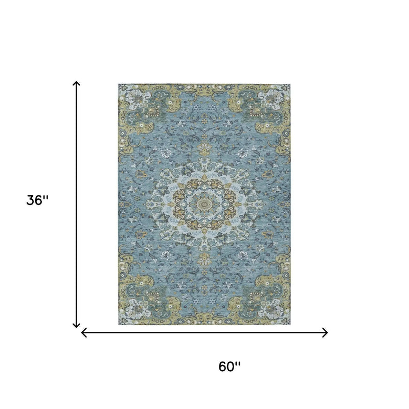 3' X 5' Teal Blue And Gold Floral Medallion Washable Indoor Outdoor Area Rug Homeroots Outdoor