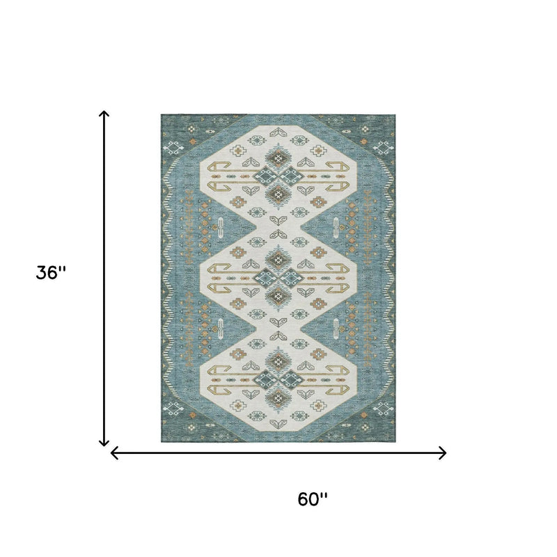 3' X 5' Teal Blue And Gold Geometric Washable Indoor Outdoor Area Rug Homeroots Outdoor