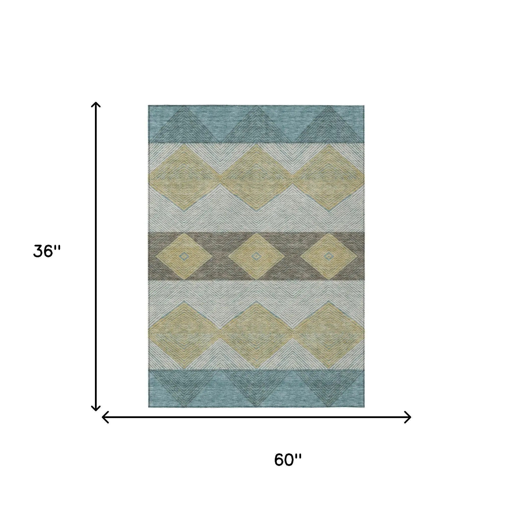 3' X 5' Teal Blue And Gold Geometric Washable Indoor Outdoor Area Rug Homeroots Outdoor