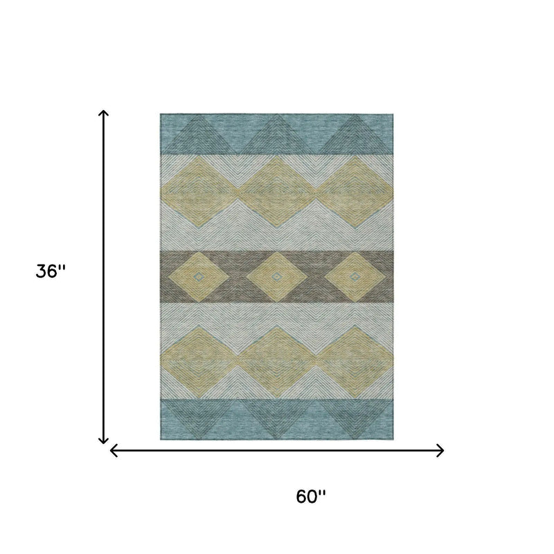 3' X 5' Teal Blue And Gold Geometric Washable Indoor Outdoor Area Rug Homeroots Outdoor