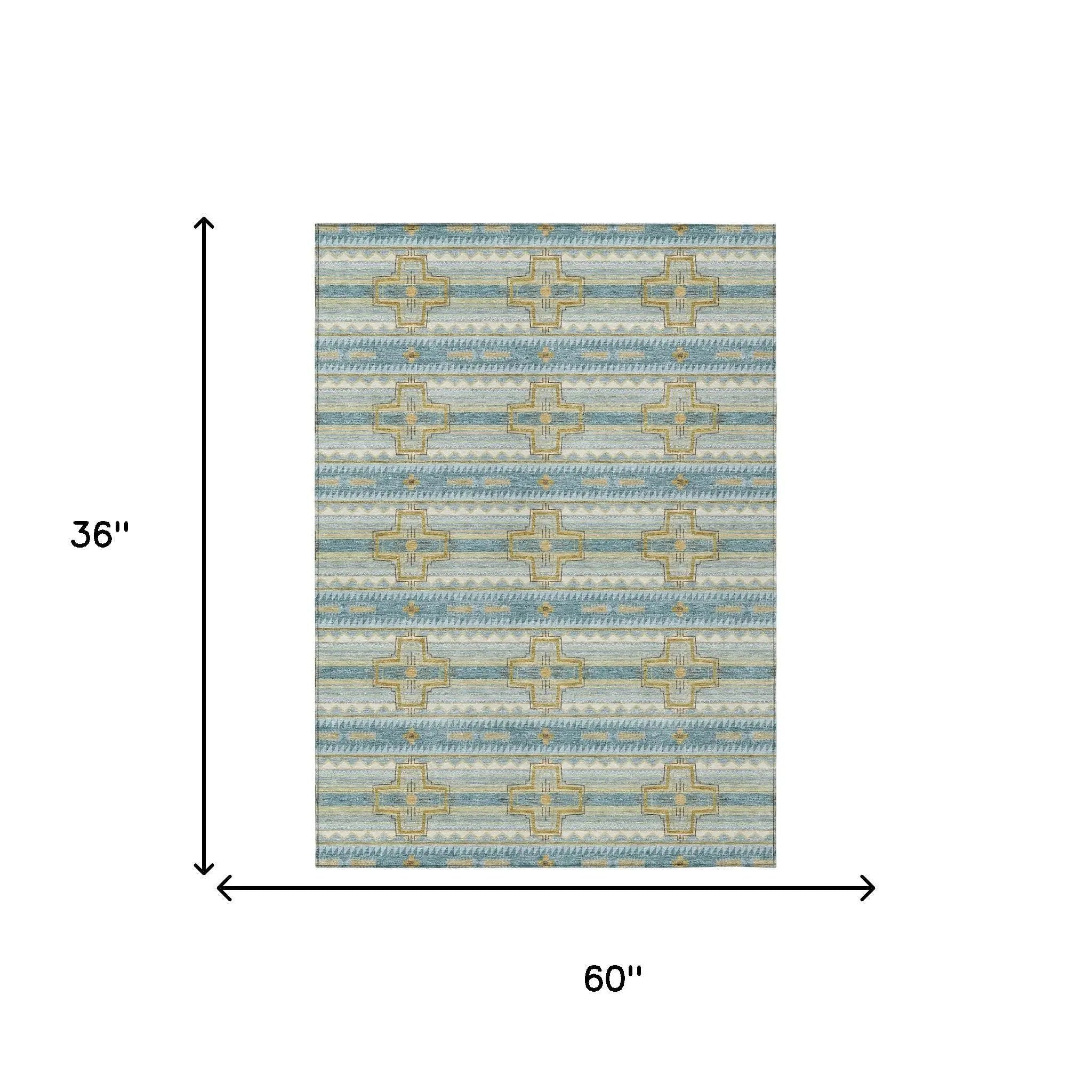 3' X 5' Teal Blue And Gold Tribal Washable Indoor Outdoor Area Rug Homeroots Outdoor