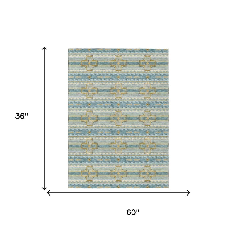 3' X 5' Teal Blue And Gold Tribal Washable Indoor Outdoor Area Rug Homeroots Outdoor