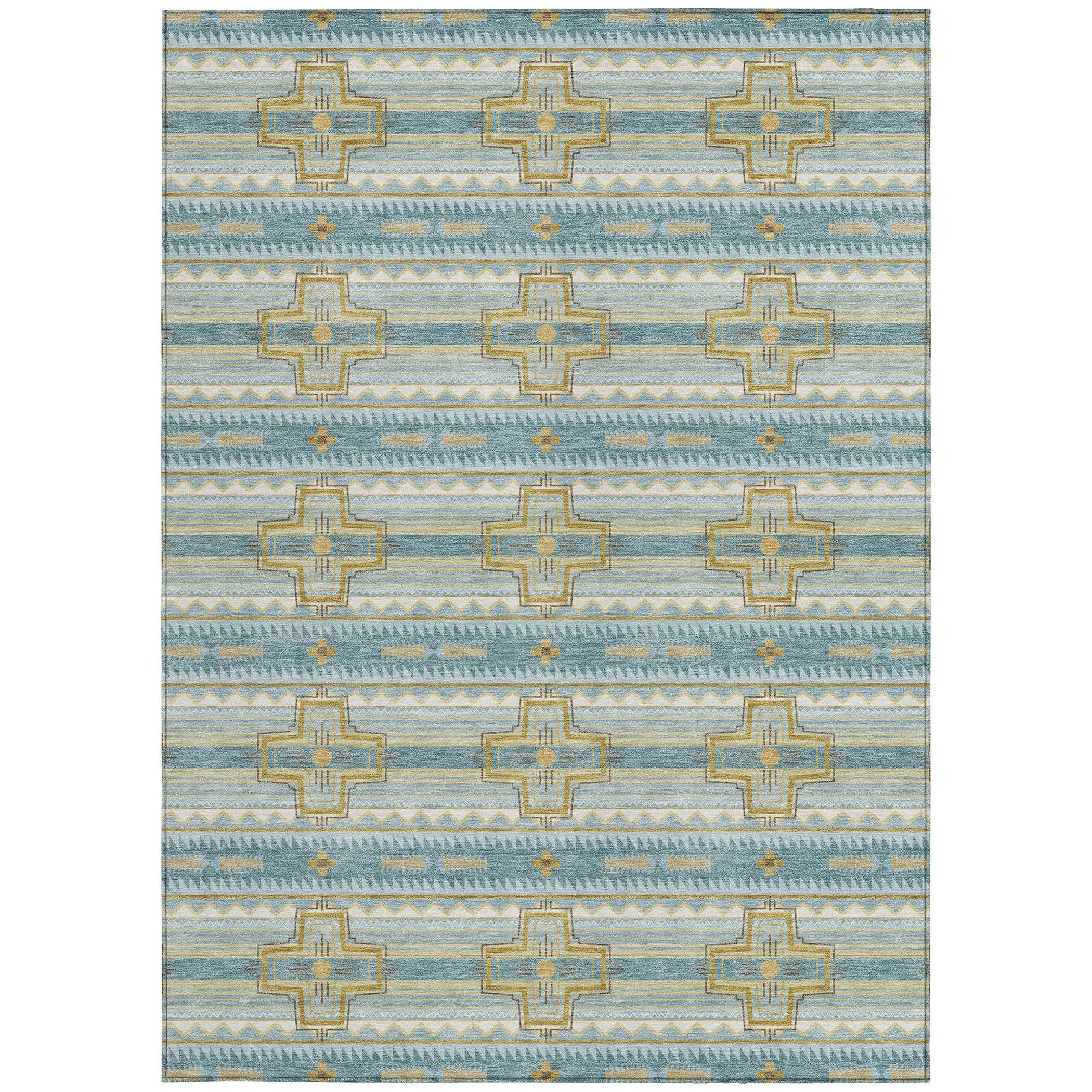 3' X 5' Teal Blue And Gold Tribal Washable Indoor Outdoor Area Rug Homeroots Outdoor