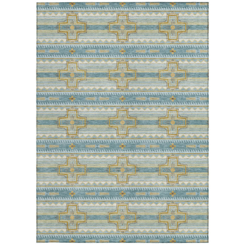 3' X 5' Teal Blue And Gold Tribal Washable Indoor Outdoor Area Rug Homeroots Outdoor