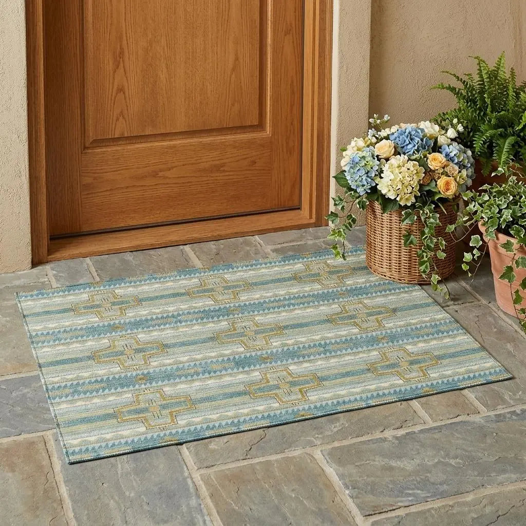 3' X 5' Teal Blue And Gold Tribal Washable Indoor Outdoor Area Rug Homeroots Outdoor