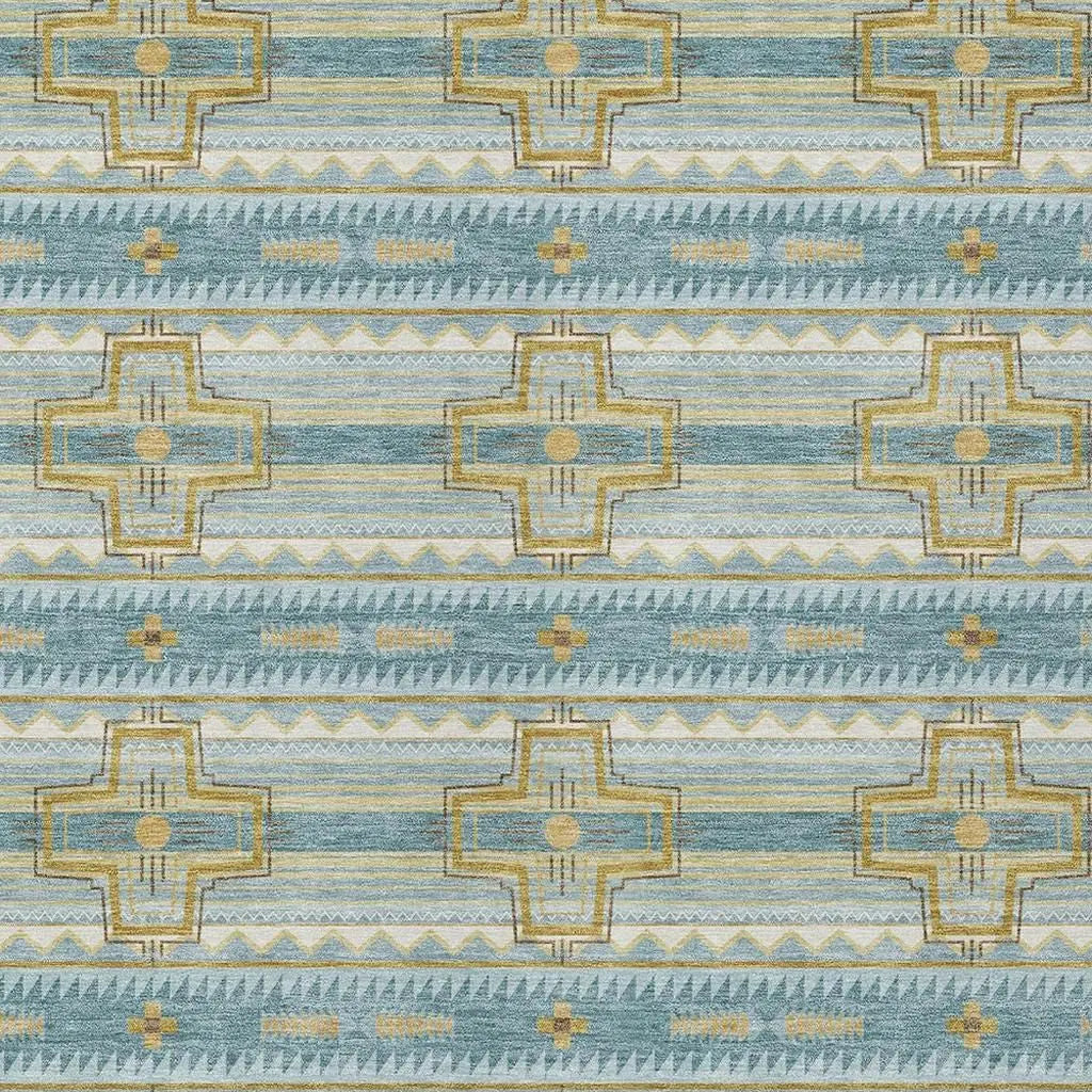 3' X 5' Teal Blue And Gold Tribal Washable Indoor Outdoor Area Rug Homeroots Outdoor