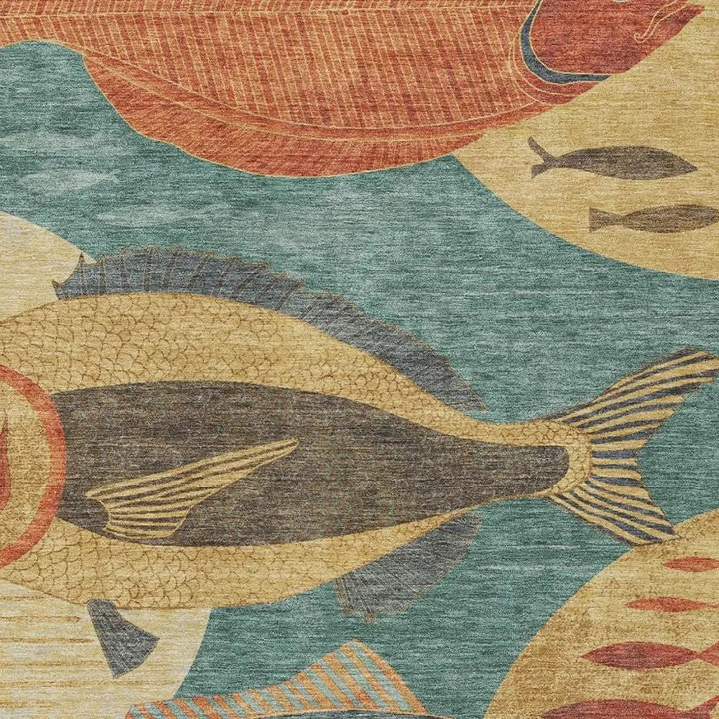 3' X 5' Teal Blue And Gold Tropical Fish Washable Indoor Outdoor Area Rug Homeroots Outdoor
