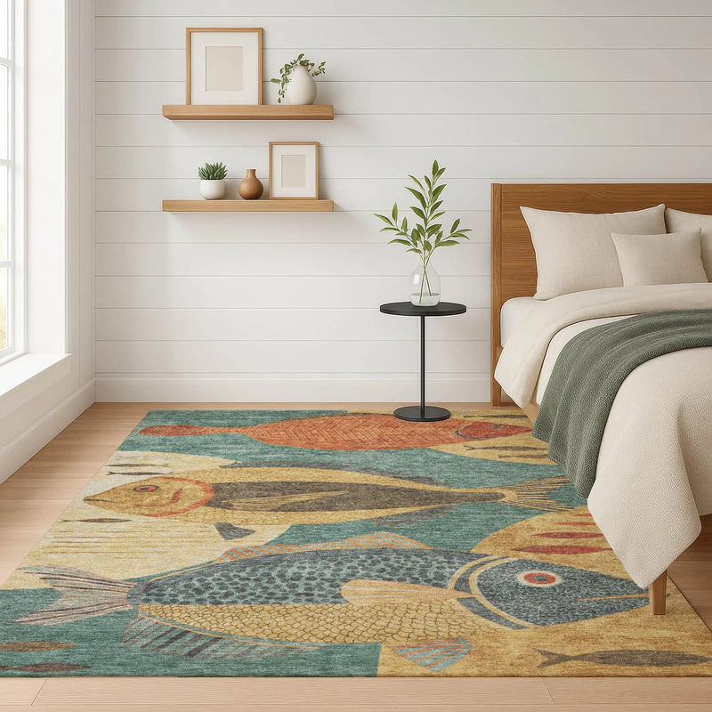 3' X 5' Teal Blue And Gold Tropical Fish Washable Indoor Outdoor Area Rug Homeroots Outdoor