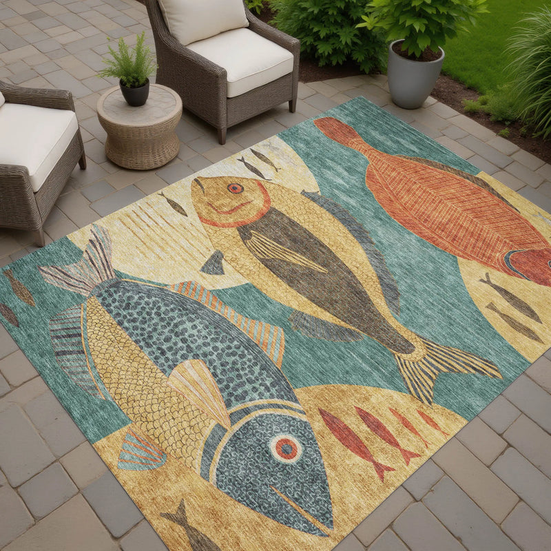 3' X 5' Teal Blue And Gold Tropical Fish Washable Indoor Outdoor Area Rug Homeroots Outdoor