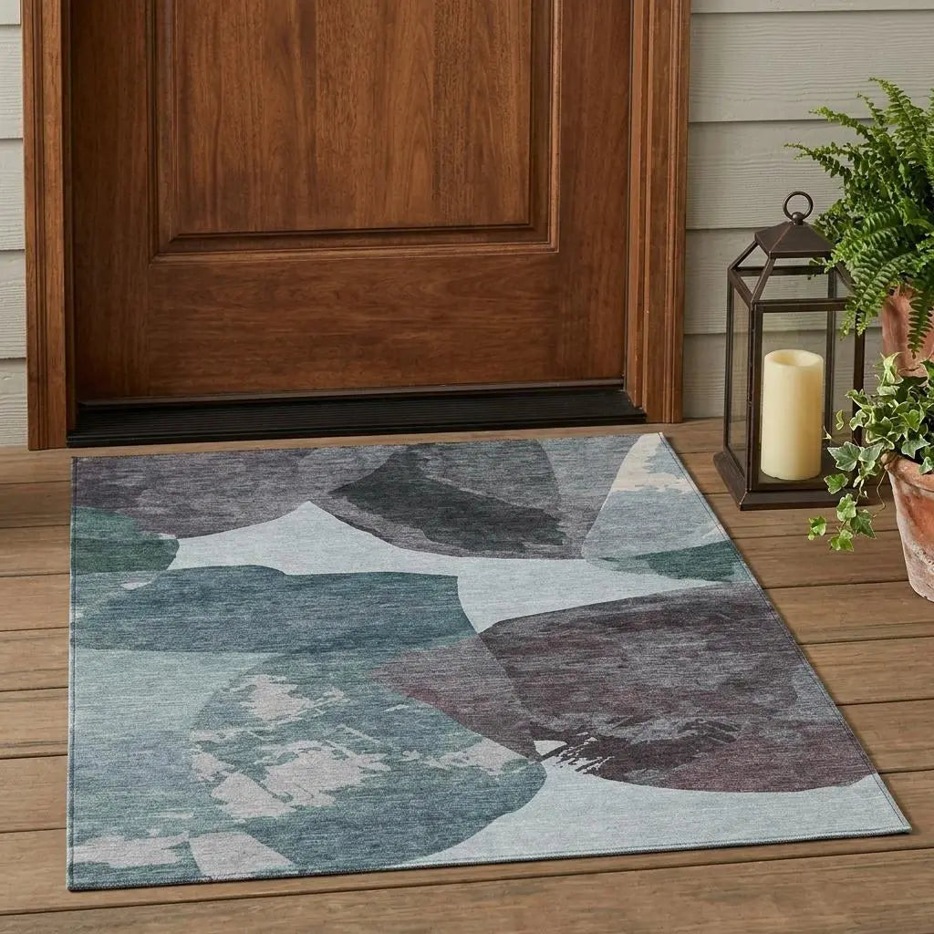 3' X 5' Teal Blue And Graphite Abstract Washable Indoor Outdoor Area Rug Homeroots Outdoor