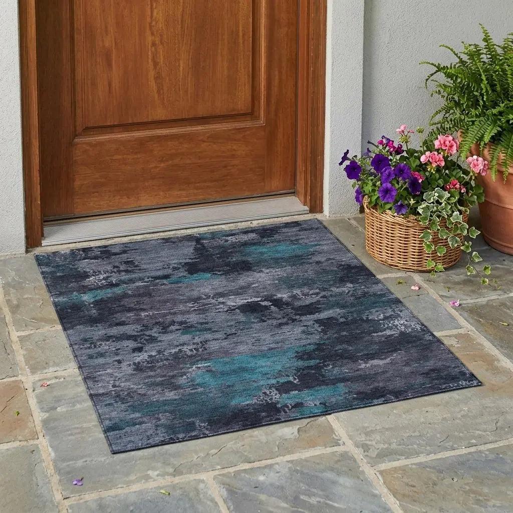 3' X 5' Teal Blue And Graphite Abstract Washable Indoor Outdoor Area Rug Homeroots Outdoor