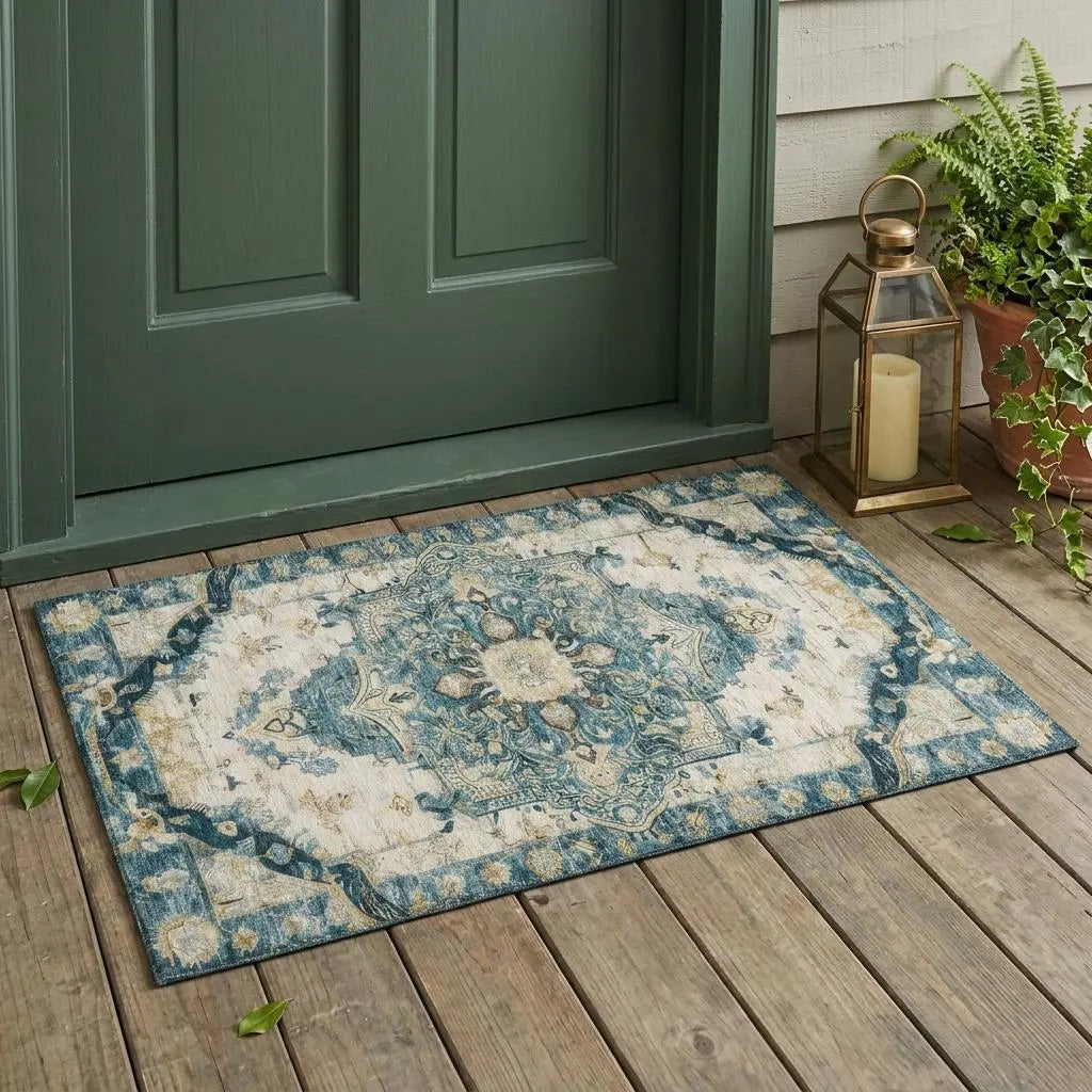 3' X 5' Teal Blue And Graphite Floral Medallion Washable Indoor Outdoor Area Rug Homeroots Outdoor