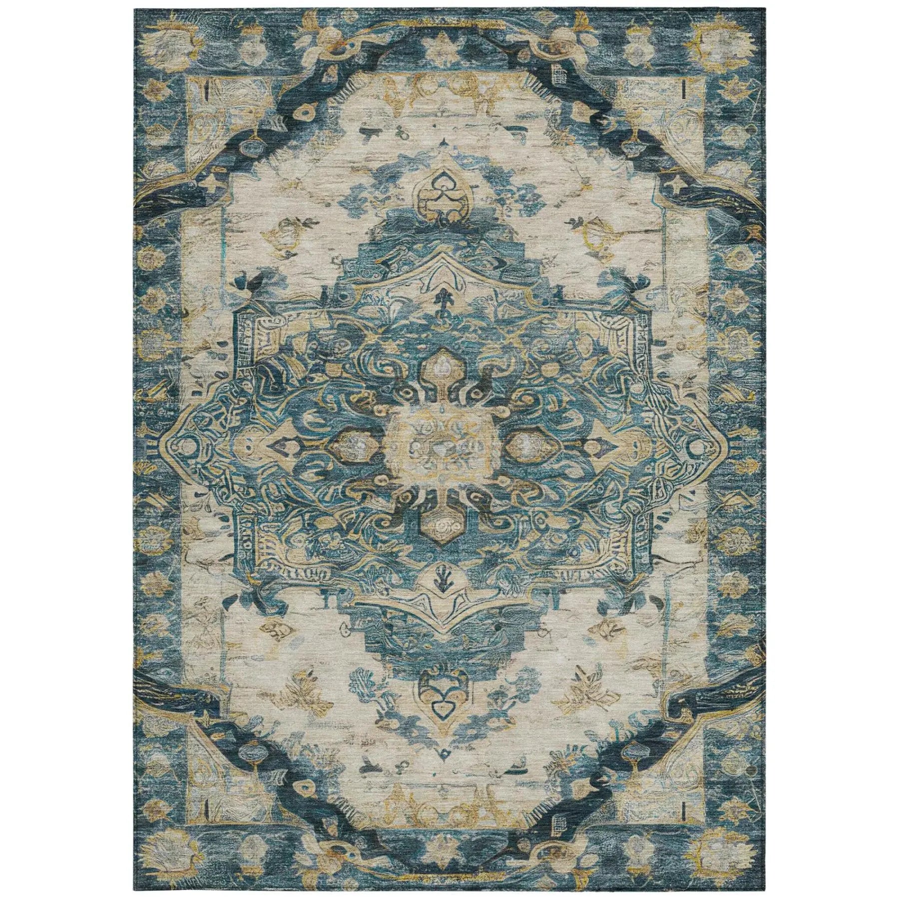 3' X 5' Teal Blue And Graphite Floral Medallion Washable Indoor Outdoor Area Rug Homeroots Outdoor
