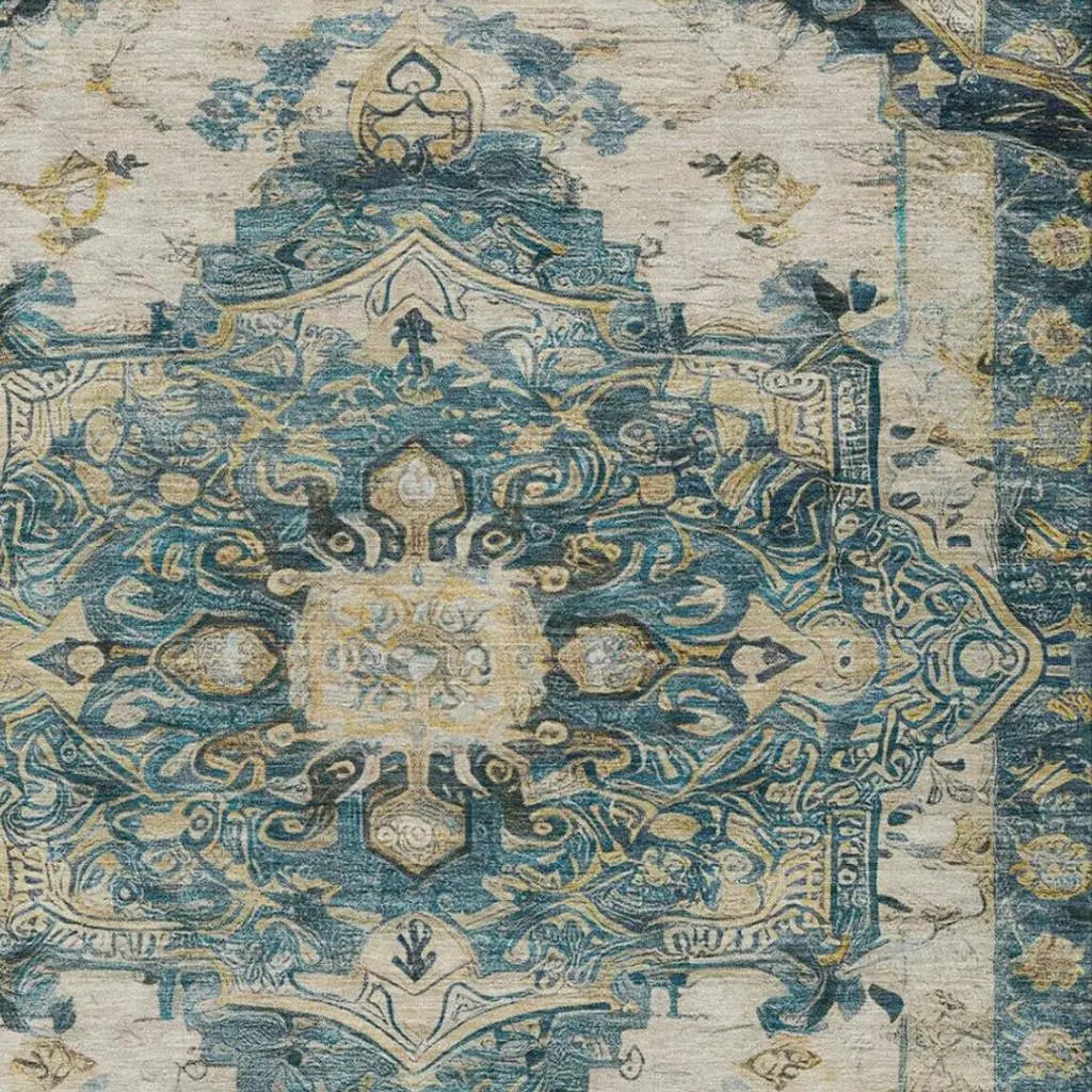 3' X 5' Teal Blue And Graphite Floral Medallion Washable Indoor Outdoor Area Rug Homeroots Outdoor