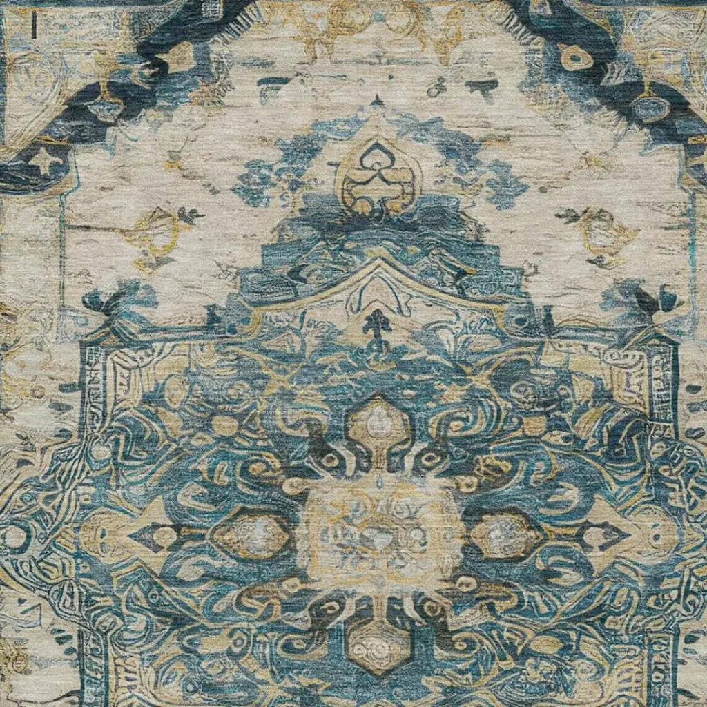 3' X 5' Teal Blue And Graphite Floral Medallion Washable Indoor Outdoor Area Rug Homeroots Outdoor