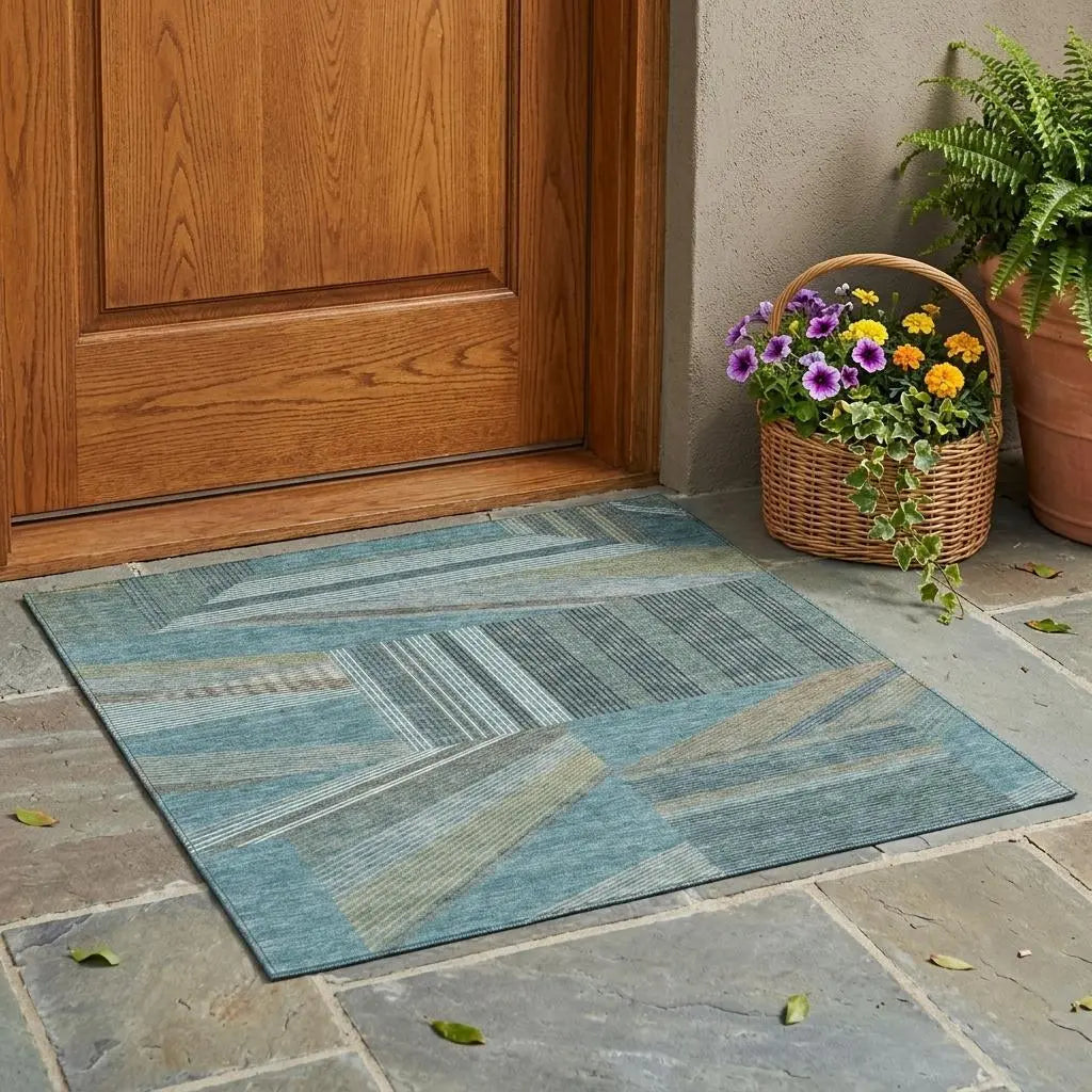 3' X 5' Teal Blue And Graphite Geometric Washable Indoor Outdoor Area Rug Homeroots Outdoor