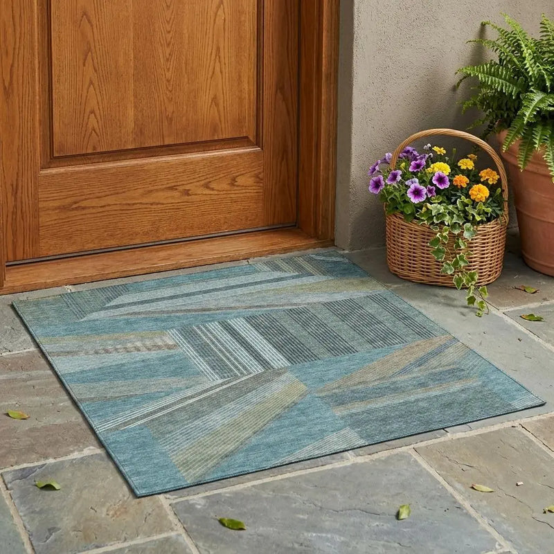 3' X 5' Teal Blue And Graphite Geometric Washable Indoor Outdoor Area Rug Homeroots Outdoor