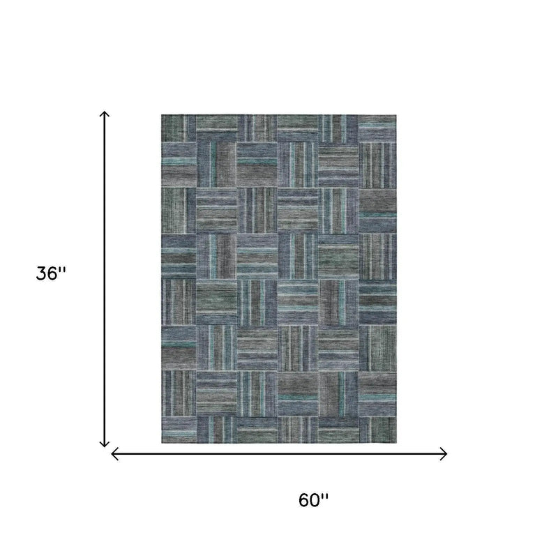 3' X 5' Teal Blue And Graphite Geometric Washable Indoor Outdoor Area Rug Homeroots Outdoor