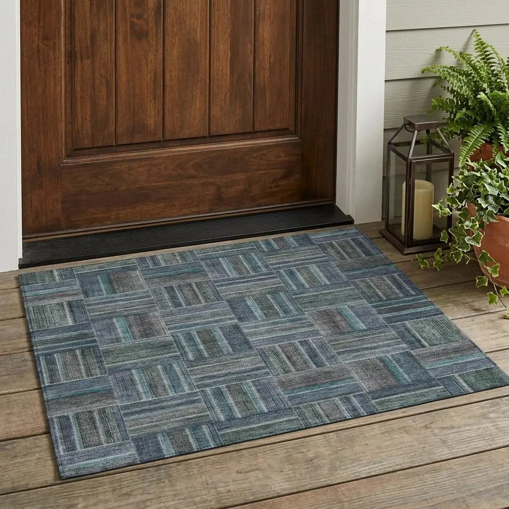 3' X 5' Teal Blue And Graphite Geometric Washable Indoor Outdoor Area Rug Homeroots Outdoor