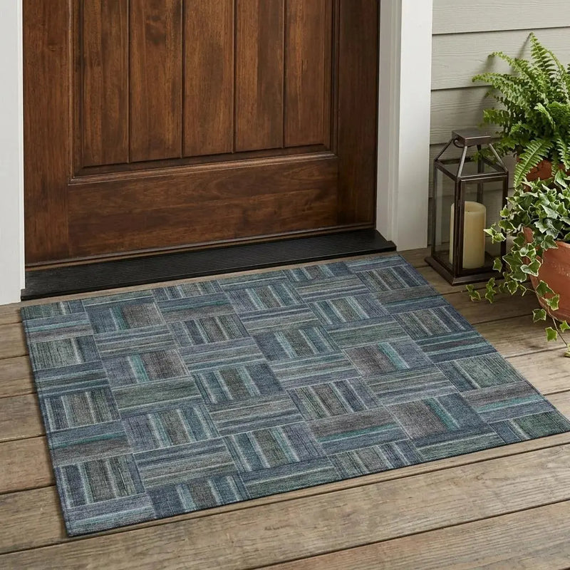 3' X 5' Teal Blue And Graphite Geometric Washable Indoor Outdoor Area Rug Homeroots Outdoor