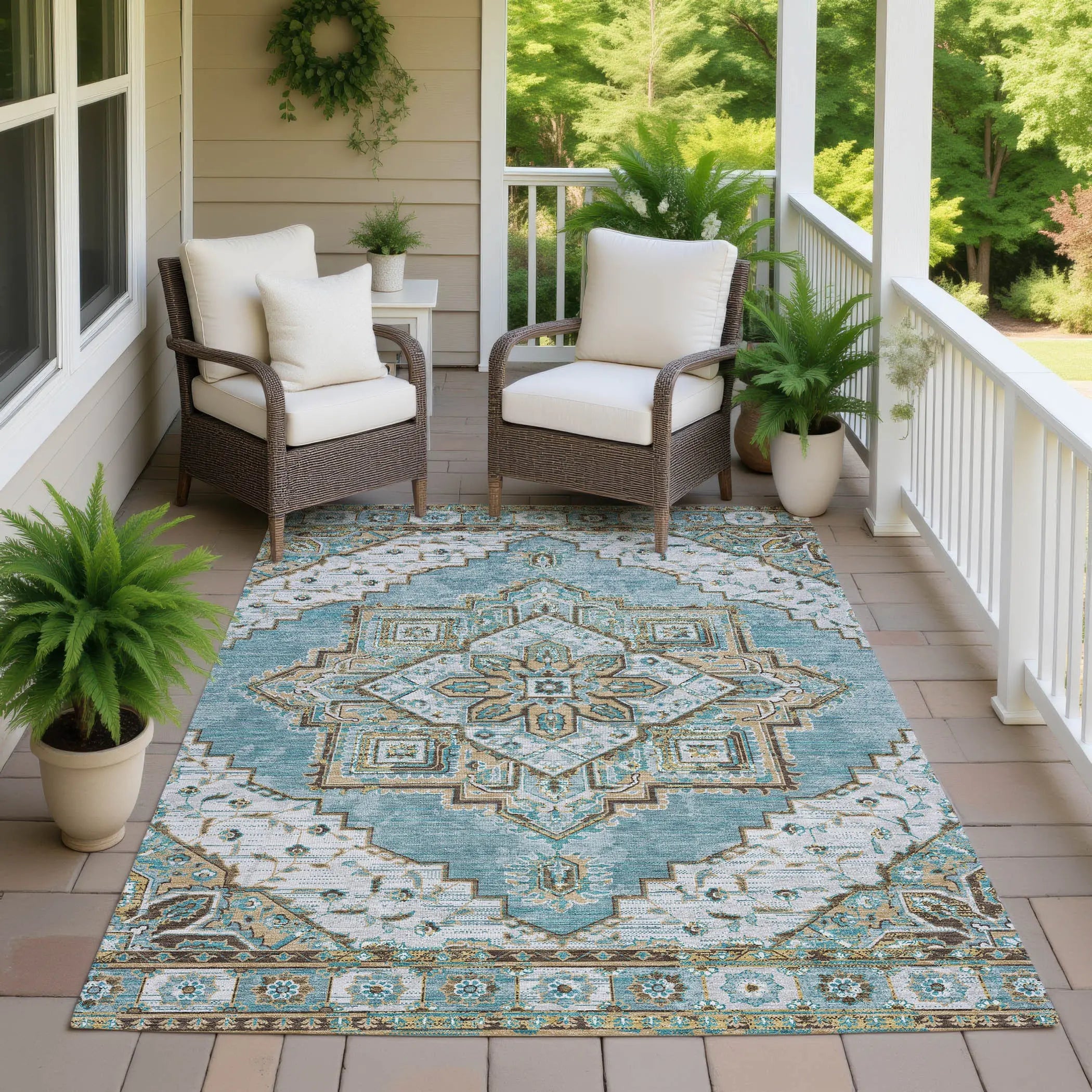 3' X 5' Teal Blue And Graphite Oriental Washable Indoor Outdoor Area Rug Homeroots Outdoor