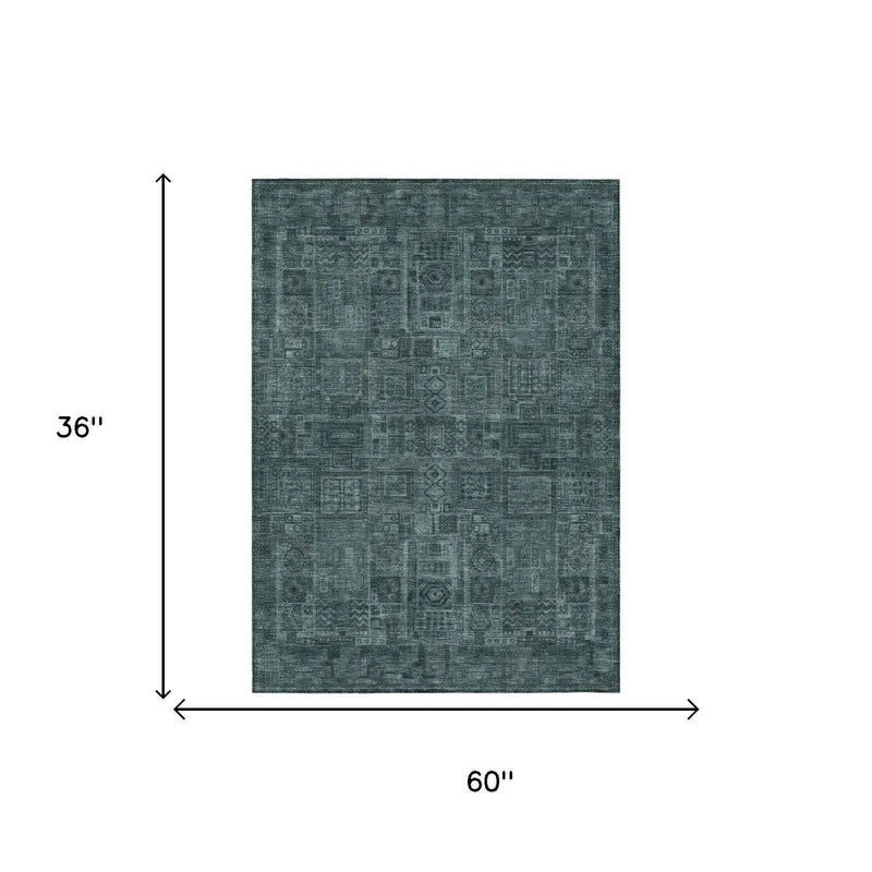 3' X 5' Teal Blue And Graphite Oriental Washable Indoor Outdoor Area Rug Homeroots Outdoor