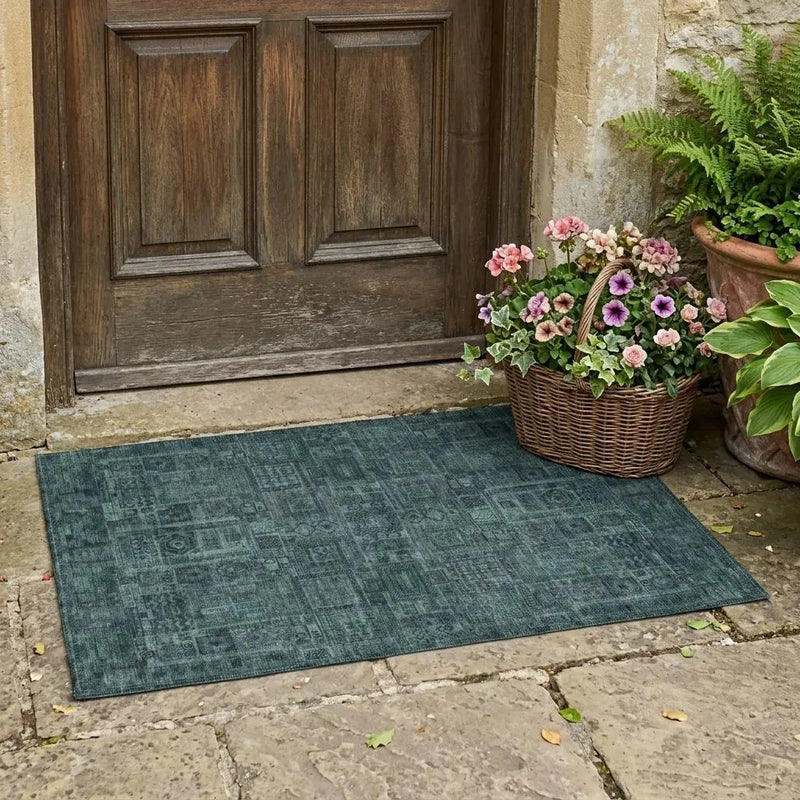 3' X 5' Teal Blue And Graphite Oriental Washable Indoor Outdoor Area Rug Homeroots Outdoor