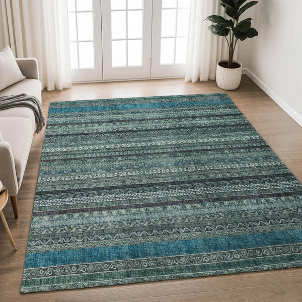 3' X 5' Teal Blue And Graphite Striped Washable Indoor Outdoor Area Rug Homeroots Outdoor