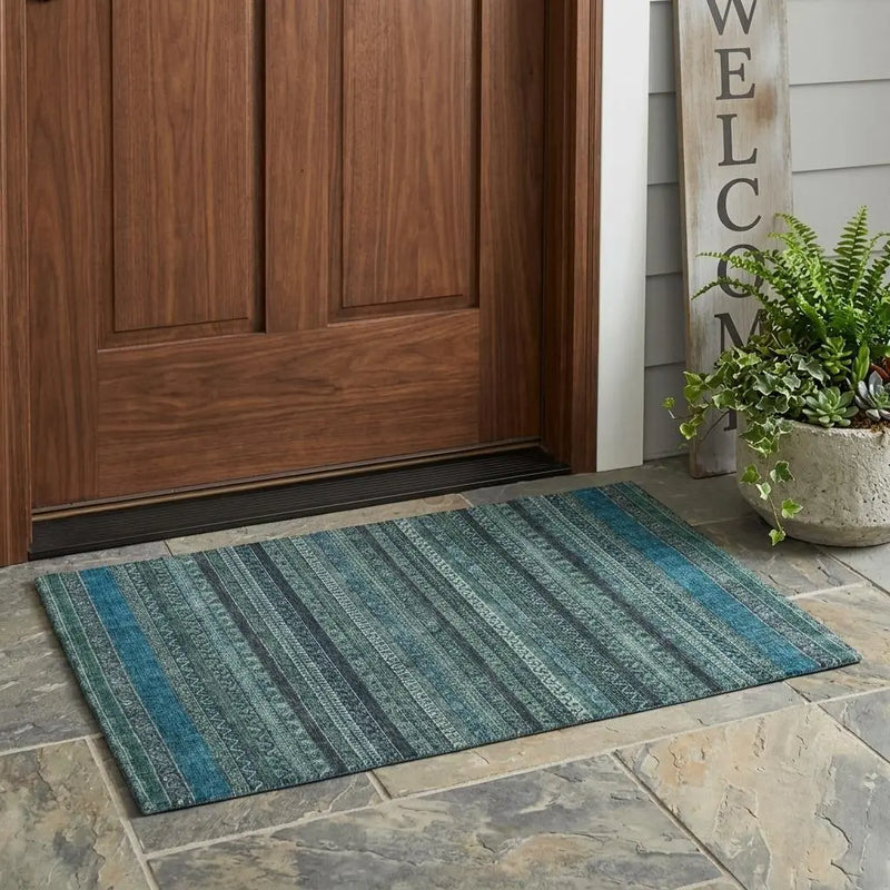 3' X 5' Teal Blue And Graphite Striped Washable Indoor Outdoor Area Rug Homeroots Outdoor