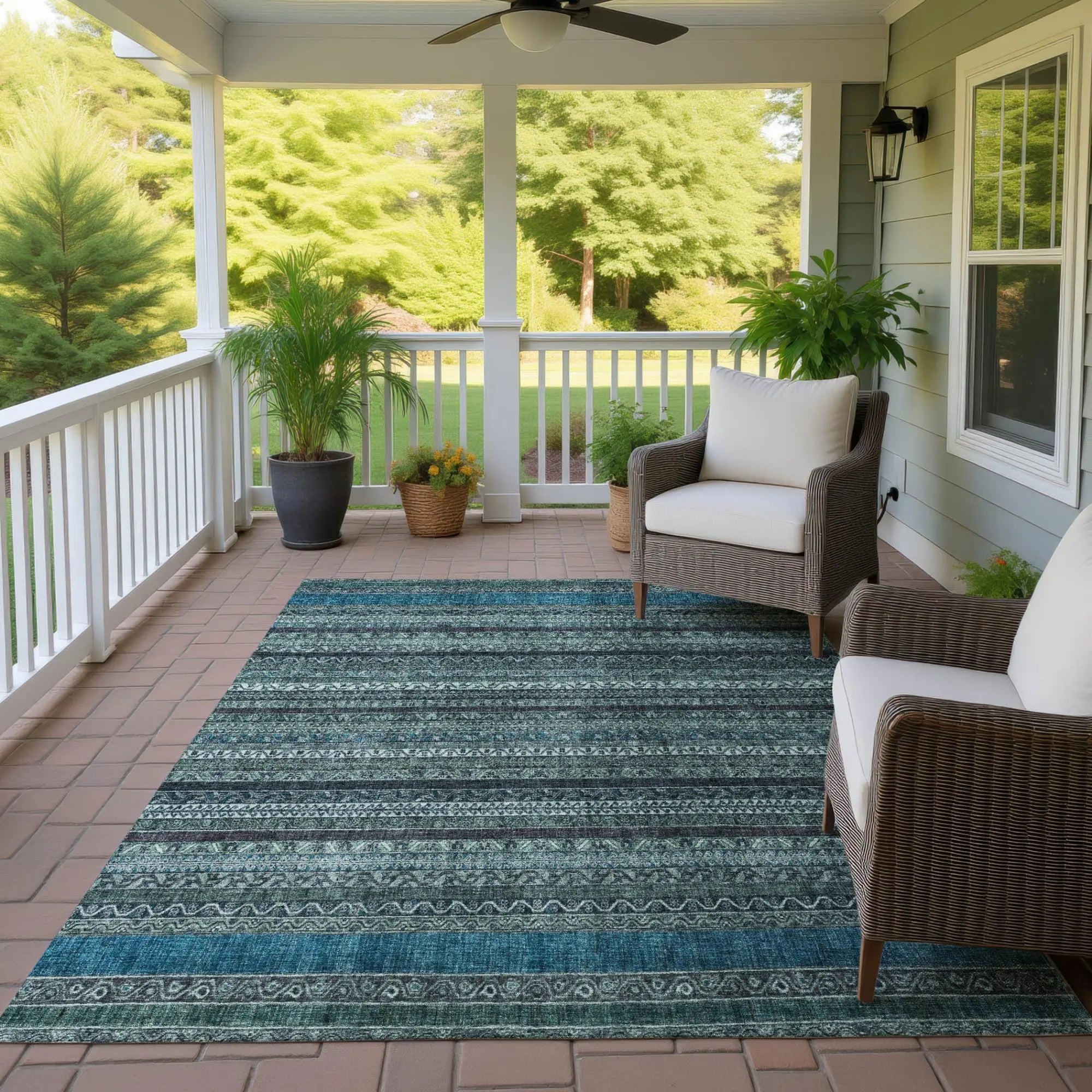 3' X 5' Teal Blue And Graphite Striped Washable Indoor Outdoor Area Rug Homeroots Outdoor