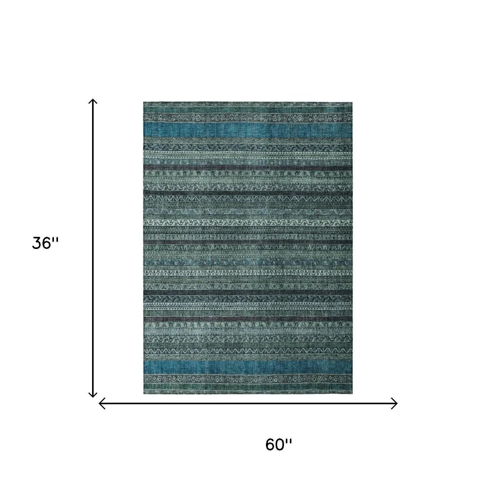 3' X 5' Teal Blue And Graphite Striped Washable Indoor Outdoor Area Rug Homeroots Outdoor