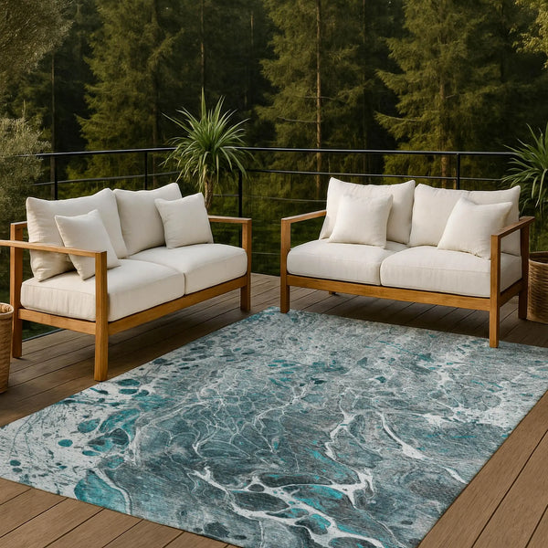 3' X 5' Teal Blue And Gray Abstract Washable Indoor Outdoor Area Rug Homeroots Outdoor