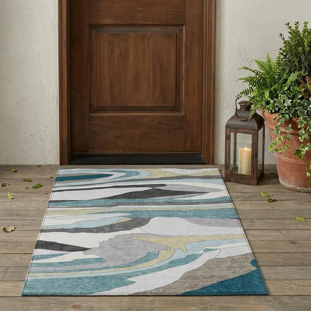 3' X 5' Teal Blue And Gray Abstract Washable Indoor Outdoor Area Rug Homeroots Outdoor