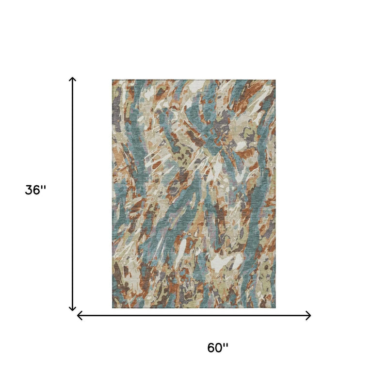 3' X 5' Teal Blue And Gray Abstract Washable Indoor Outdoor Area Rug Homeroots Outdoor