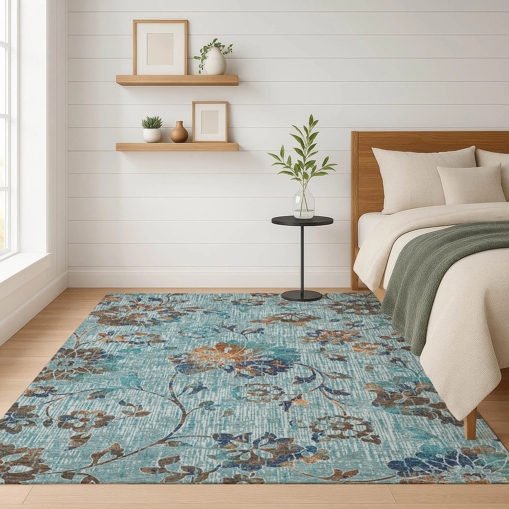 3' X 5' Teal Blue And Gray Floral Washable Indoor Outdoor Area Rug Homeroots Outdoor
