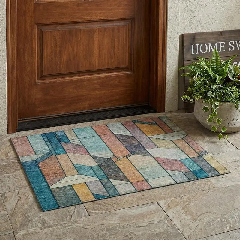 3' X 5' Teal Blue And Gray Geometric Washable Indoor Outdoor Area Rug Homeroots Outdoor
