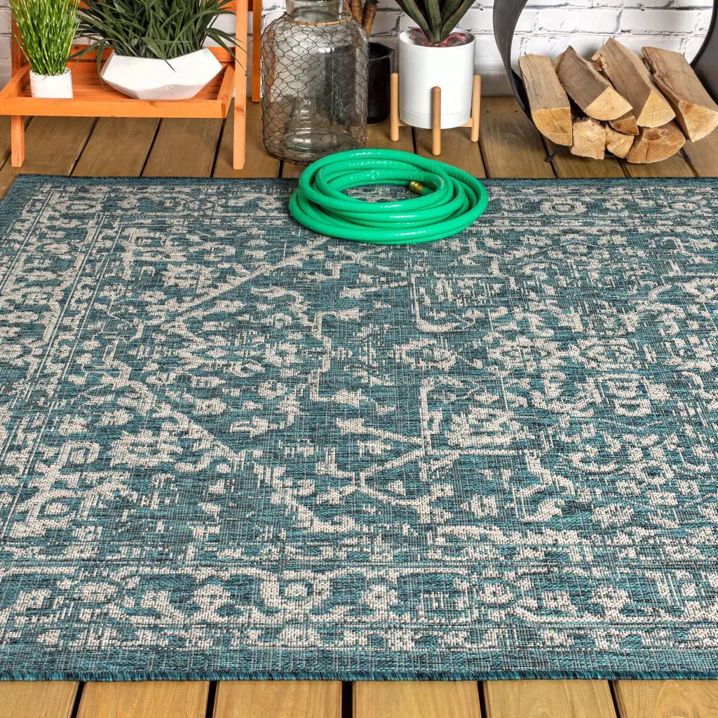 3' X 5' Teal Blue And Gray Medallion Indoor Outdoor Area Rug Homeroots Outdoor