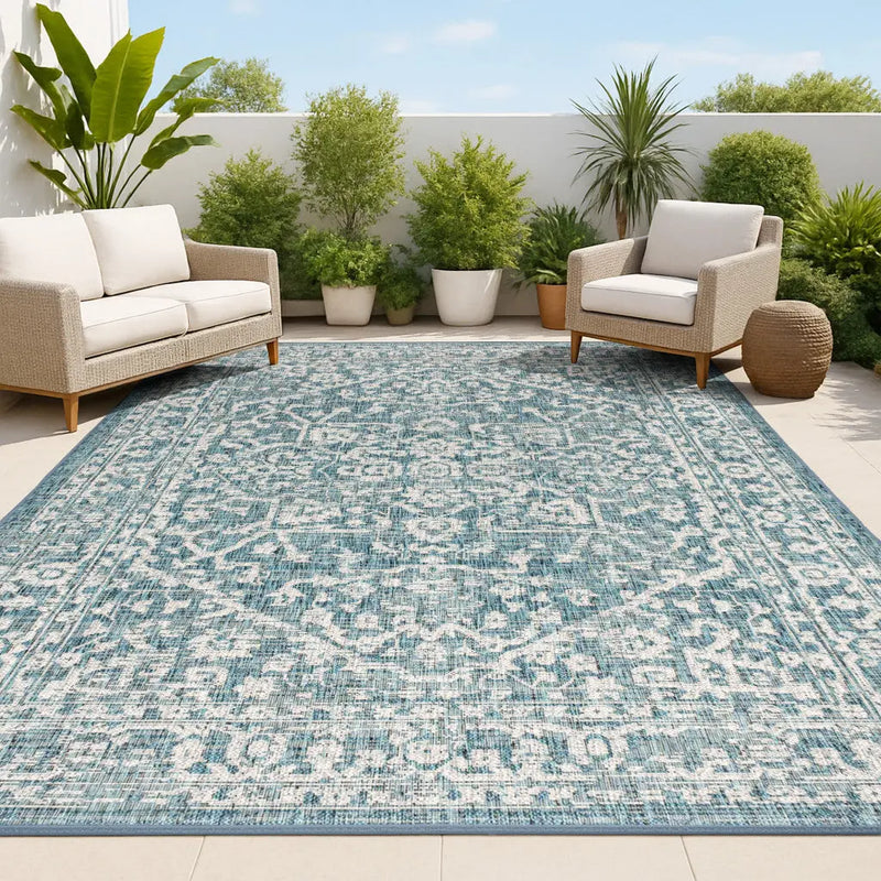 3' X 5' Teal Blue And Gray Medallion Indoor Outdoor Area Rug Homeroots Outdoor