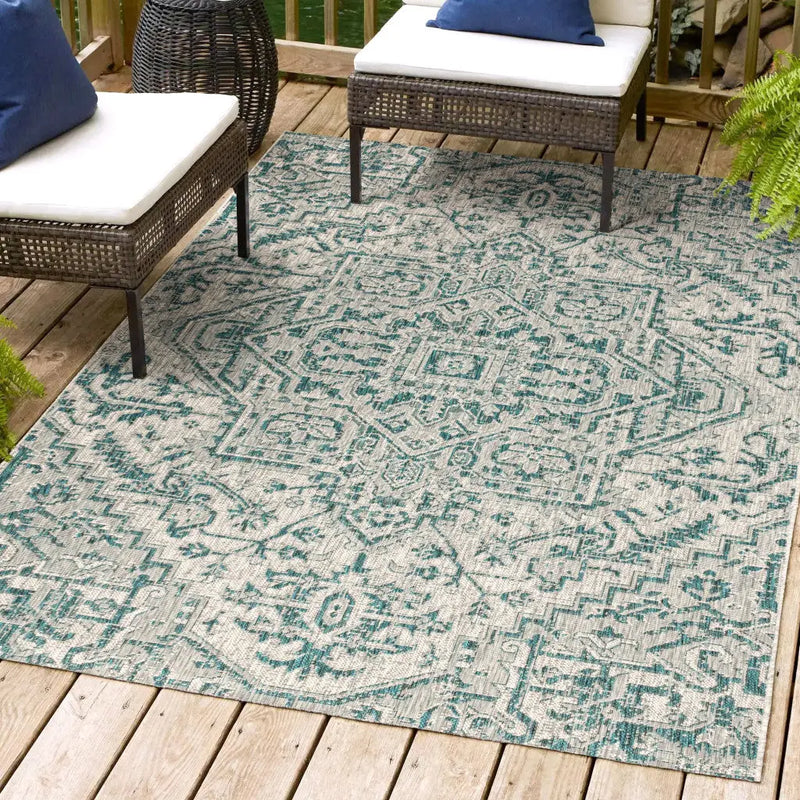 3' X 5' Teal Blue And Gray Medallion Indoor Outdoor Area Rug Homeroots Outdoor