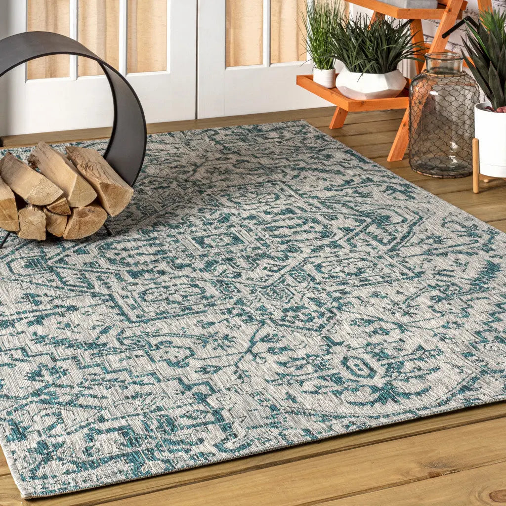 3' X 5' Teal Blue And Gray Medallion Indoor Outdoor Area Rug Homeroots Outdoor