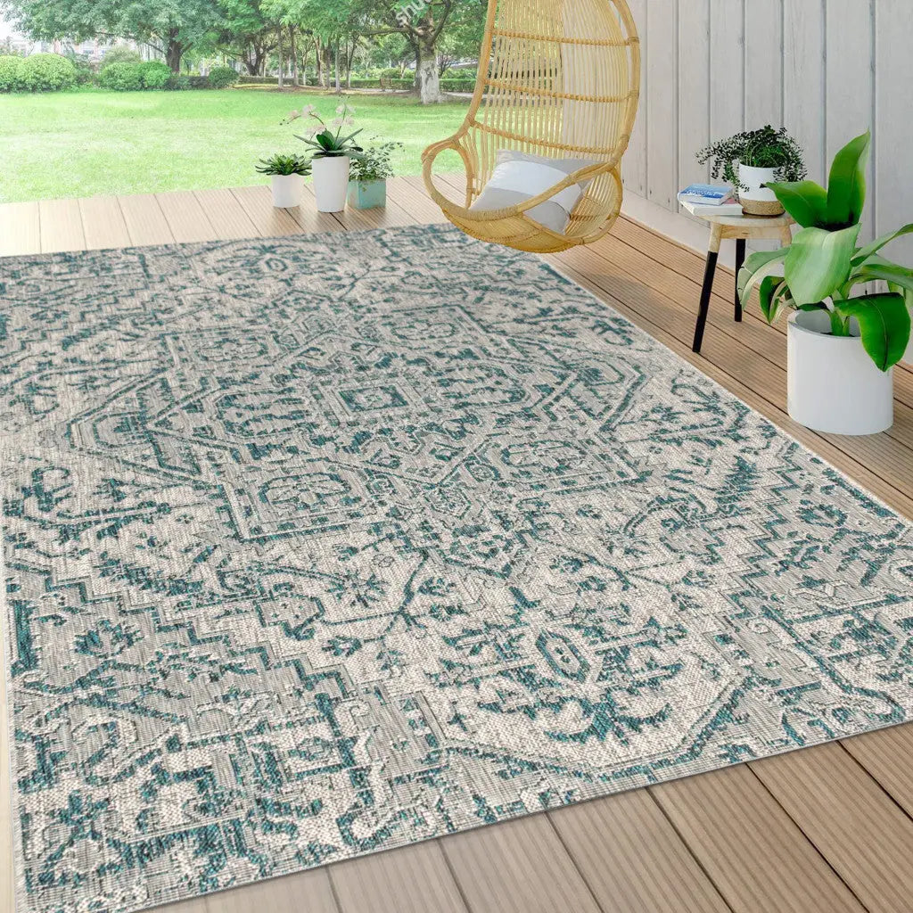 3' X 5' Teal Blue And Gray Medallion Indoor Outdoor Area Rug Homeroots Outdoor