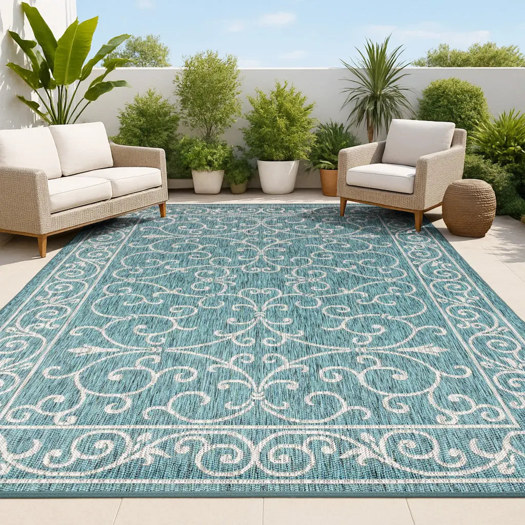 3' X 5' Teal Blue And Gray Medallion Indoor Outdoor Area Rug Homeroots Outdoor