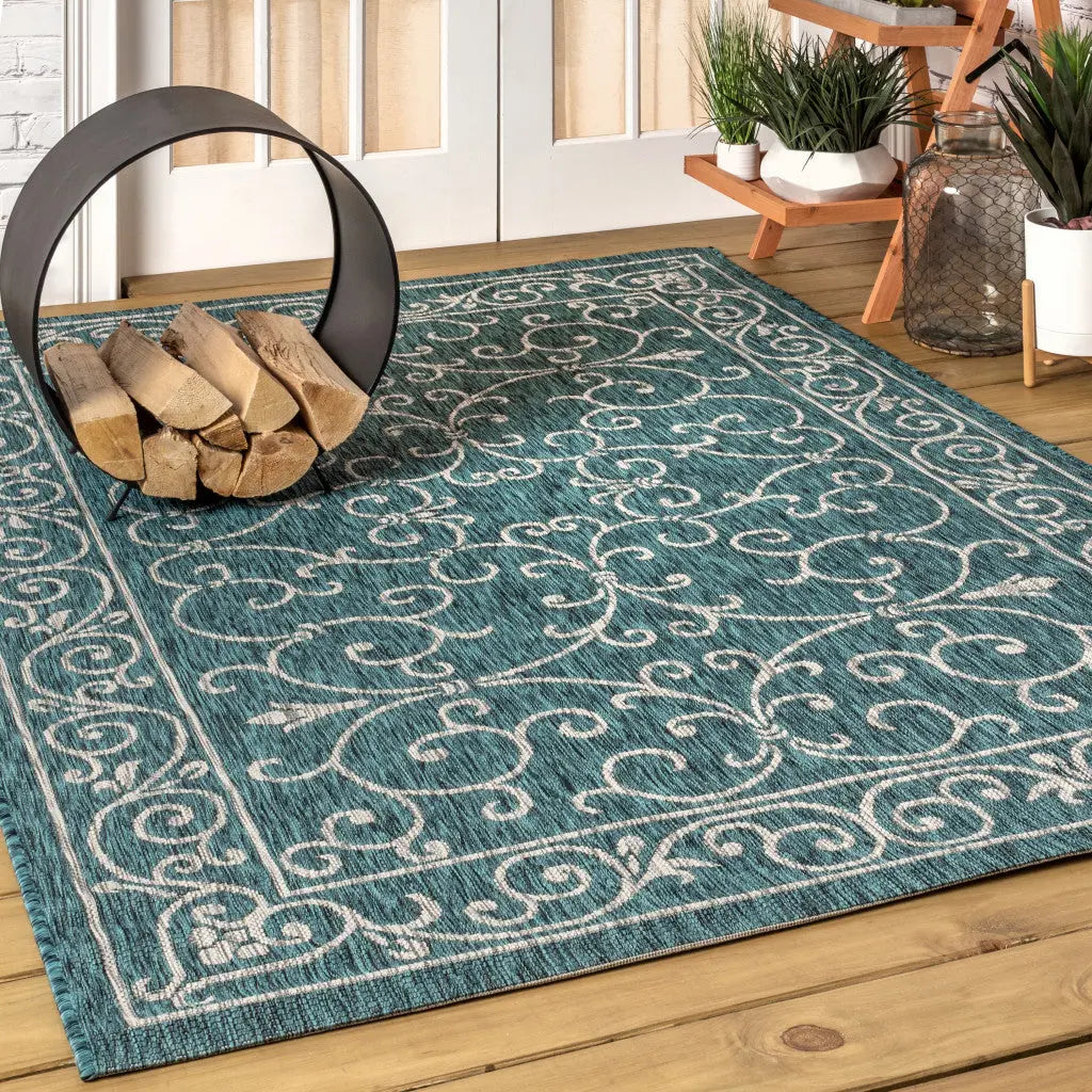 3' X 5' Teal Blue And Gray Medallion Indoor Outdoor Area Rug Homeroots Outdoor