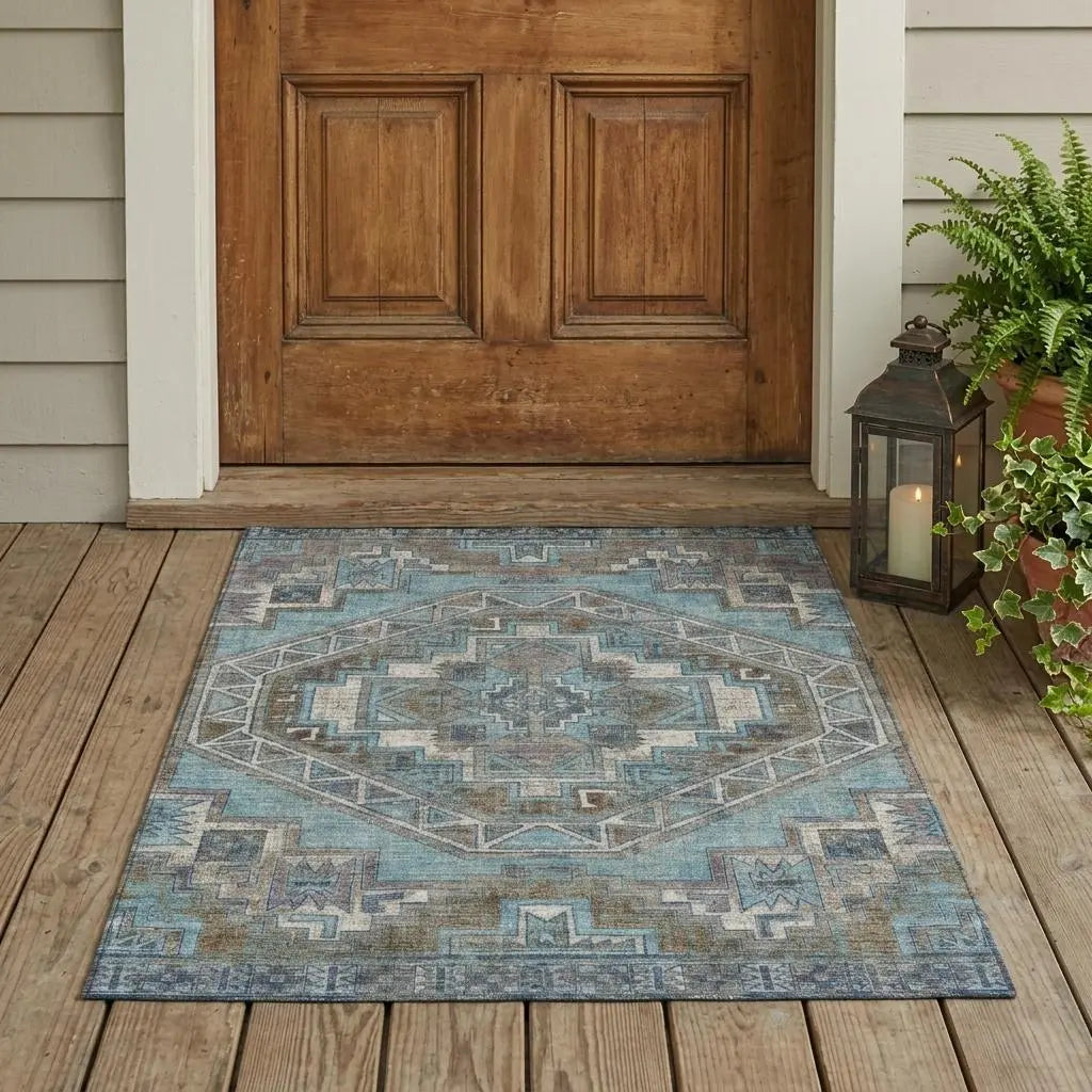 3' X 5' Teal Blue And Gray Southwestern Washable Indoor Outdoor Area Rug Homeroots Outdoor