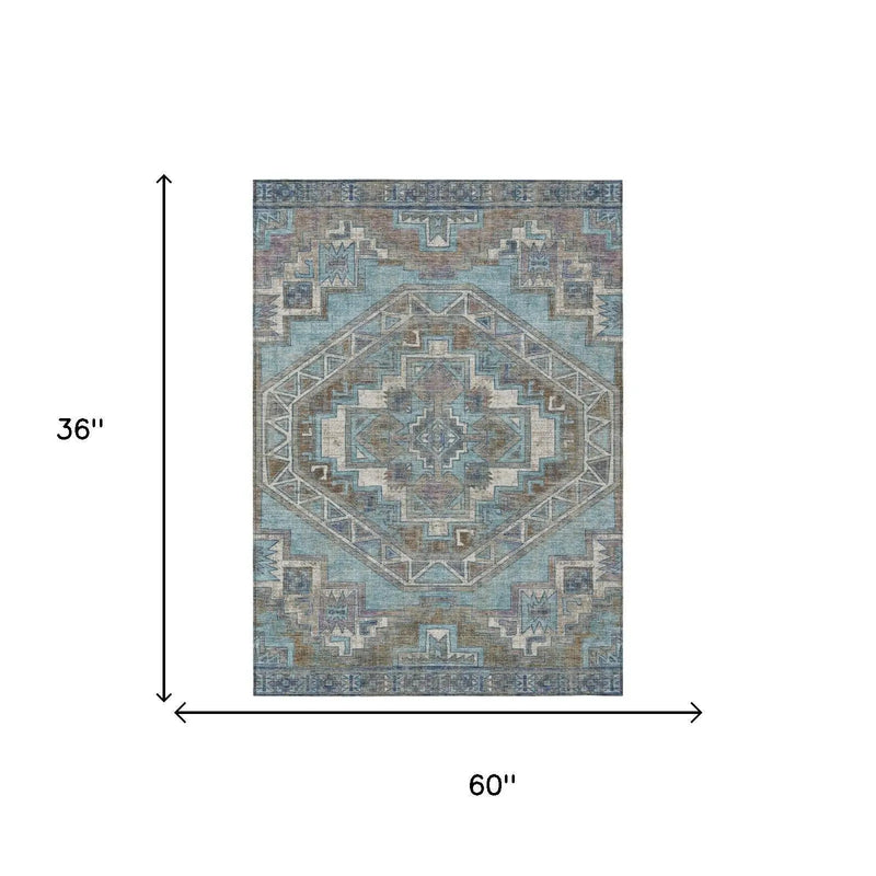 3' X 5' Teal Blue And Gray Southwestern Washable Indoor Outdoor Area Rug Homeroots Outdoor