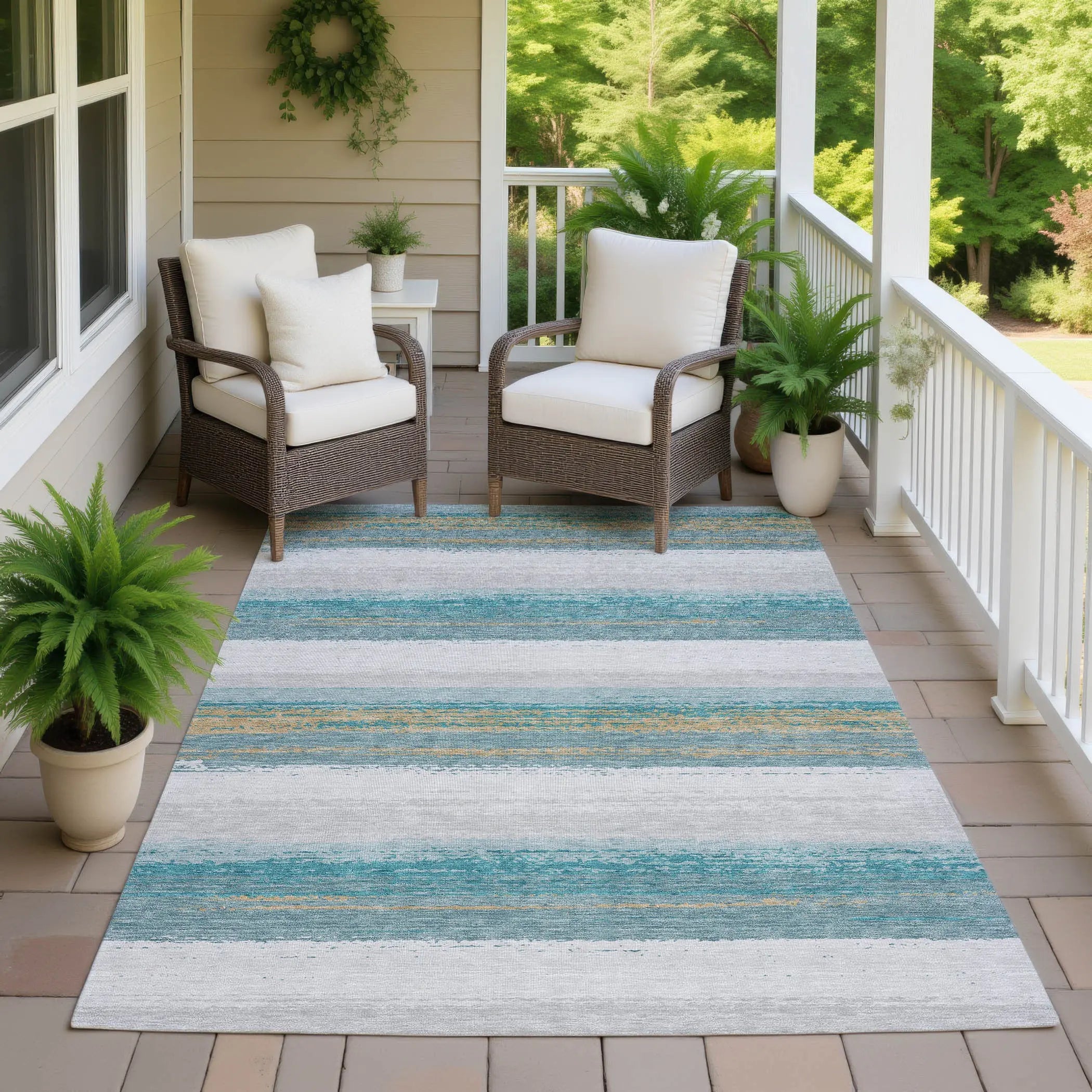 3' X 5' Teal Blue And Gray Striped Washable Indoor Outdoor Area Rug Homeroots Outdoor