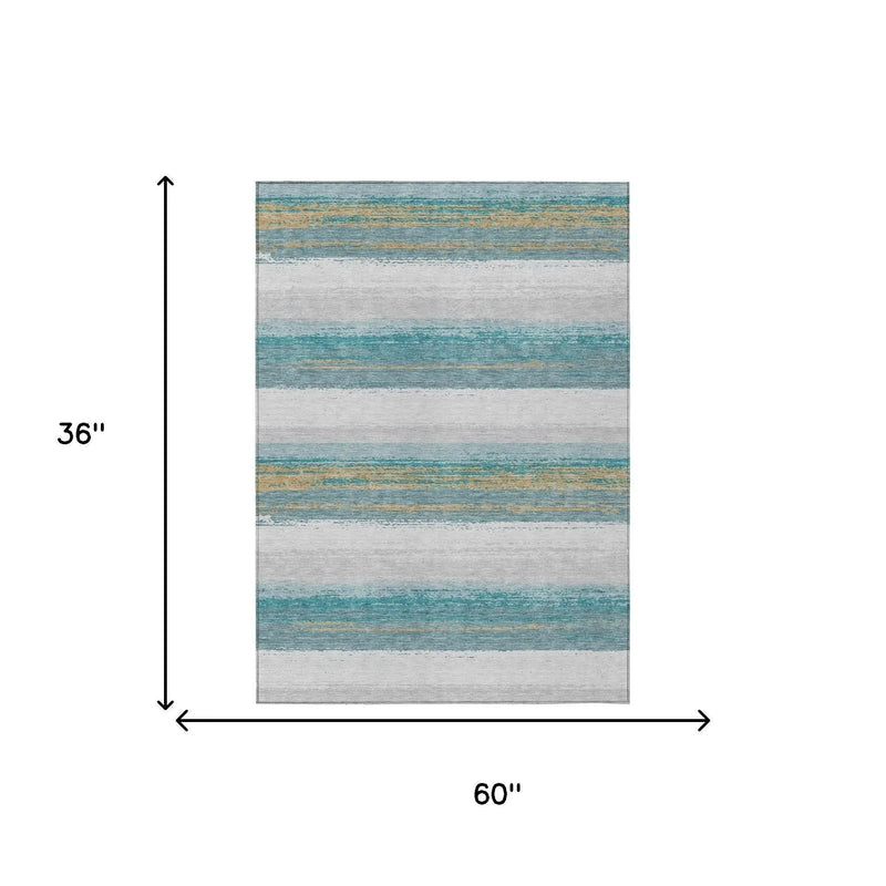 3' X 5' Teal Blue And Gray Striped Washable Indoor Outdoor Area Rug Homeroots Outdoor